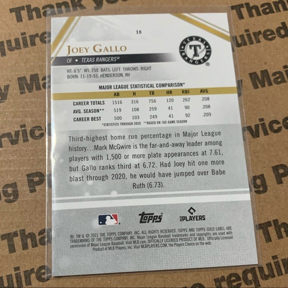 Joey Gallo ‘21 Topps Gold Label Card - Picture 4 of 6
